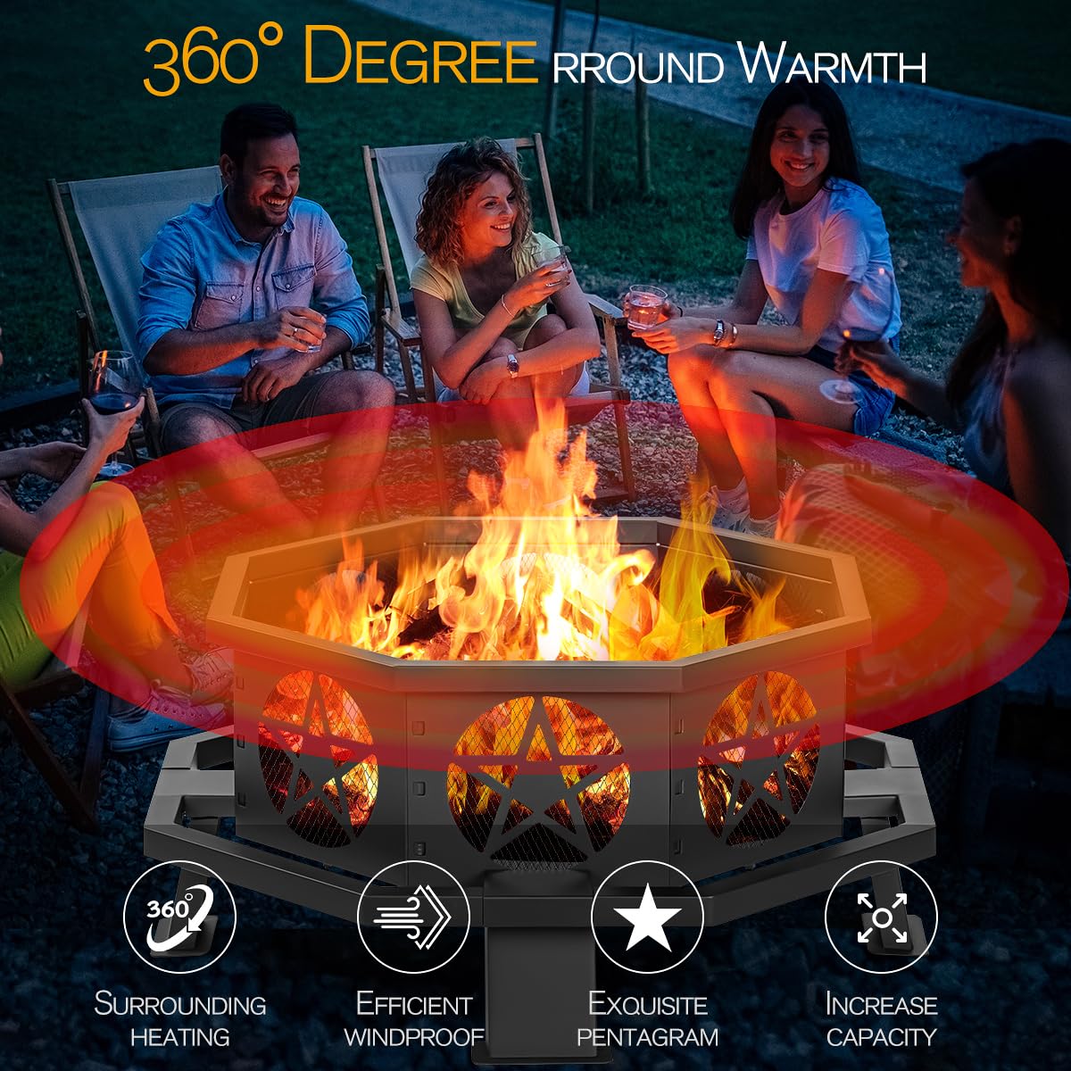 32 Inch Octagonal Fire Pit with Fire Poker Black D3152