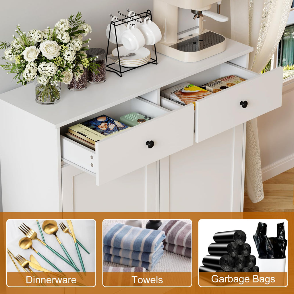 20 Gallon Double Tilt Out Trash Can Cabinet with Hidden Drawers White A461