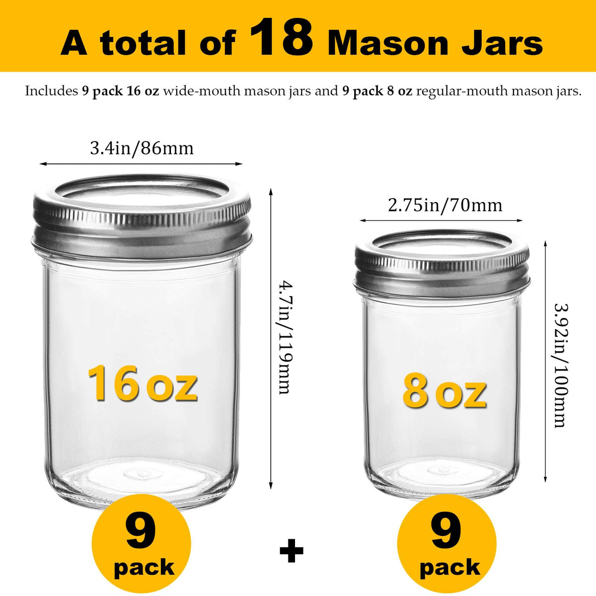 16 oz & 8 oz Clear Glass Mason Jars with Lids, Set of 18 L441589