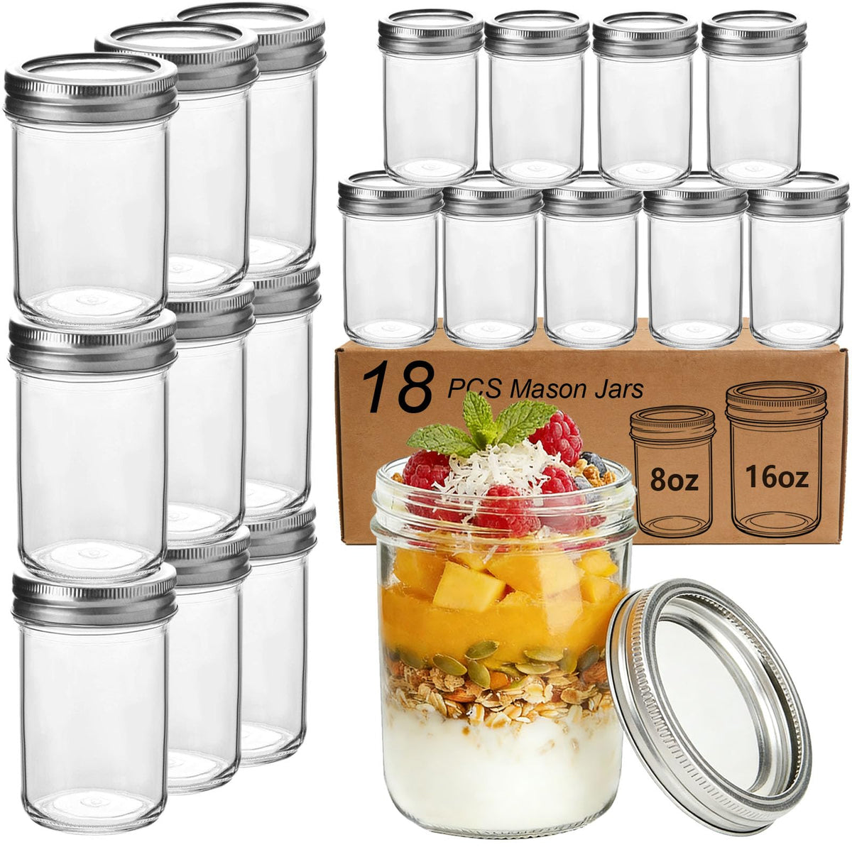 16 oz & 8 oz Clear Glass Mason Jars with Lids, Set of 18 L441589