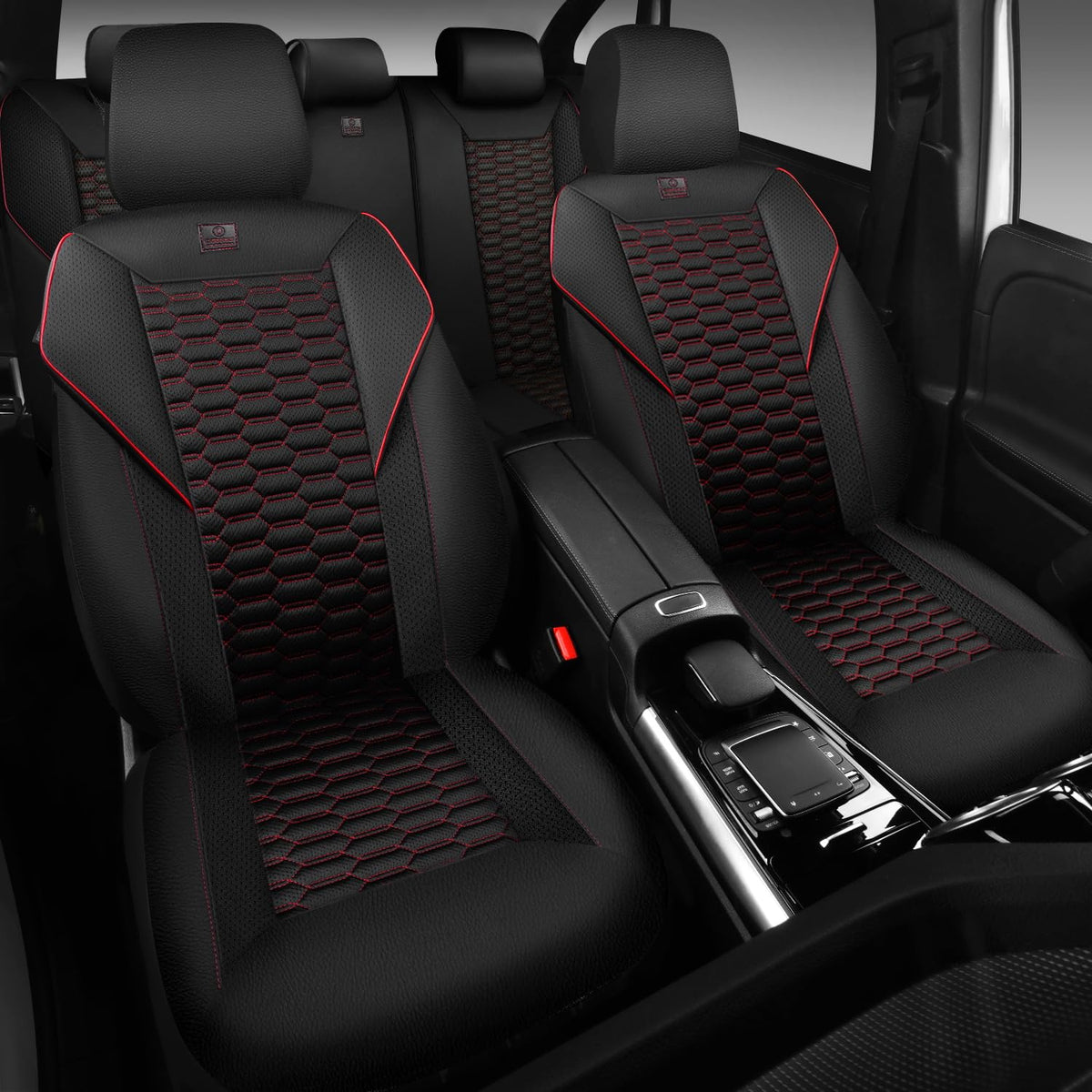 3D Foam Mesh Faux Leather Car Seat Covers Full Set, Black and Red R4671