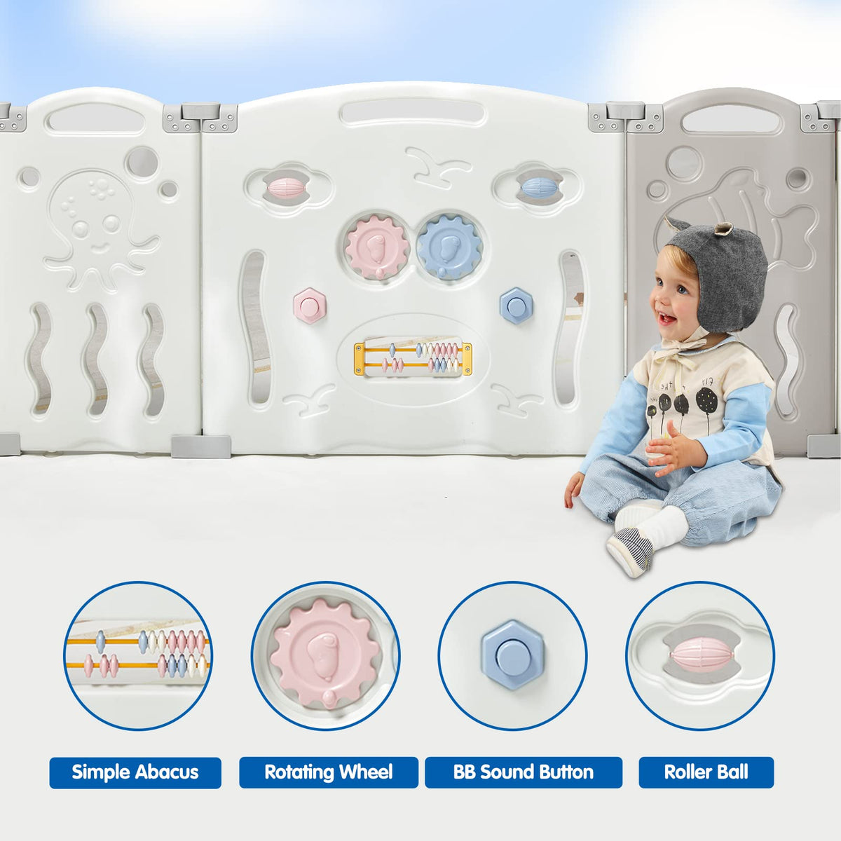18 Panel Grey White Foldable Kids Playpen Safety Lock Gate Y5329