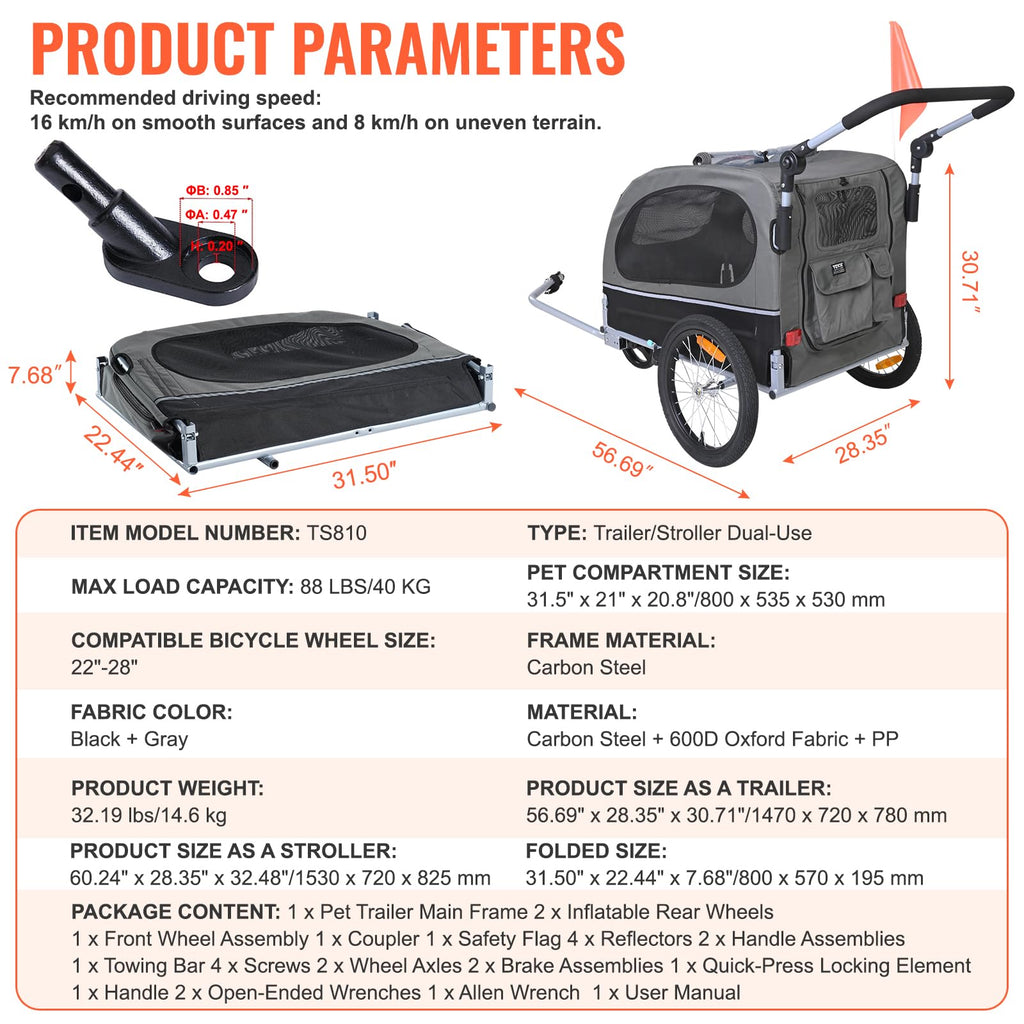Dog Bike Trailer 2-in-1 Pet Stroller Bicycle Carrier U46473
