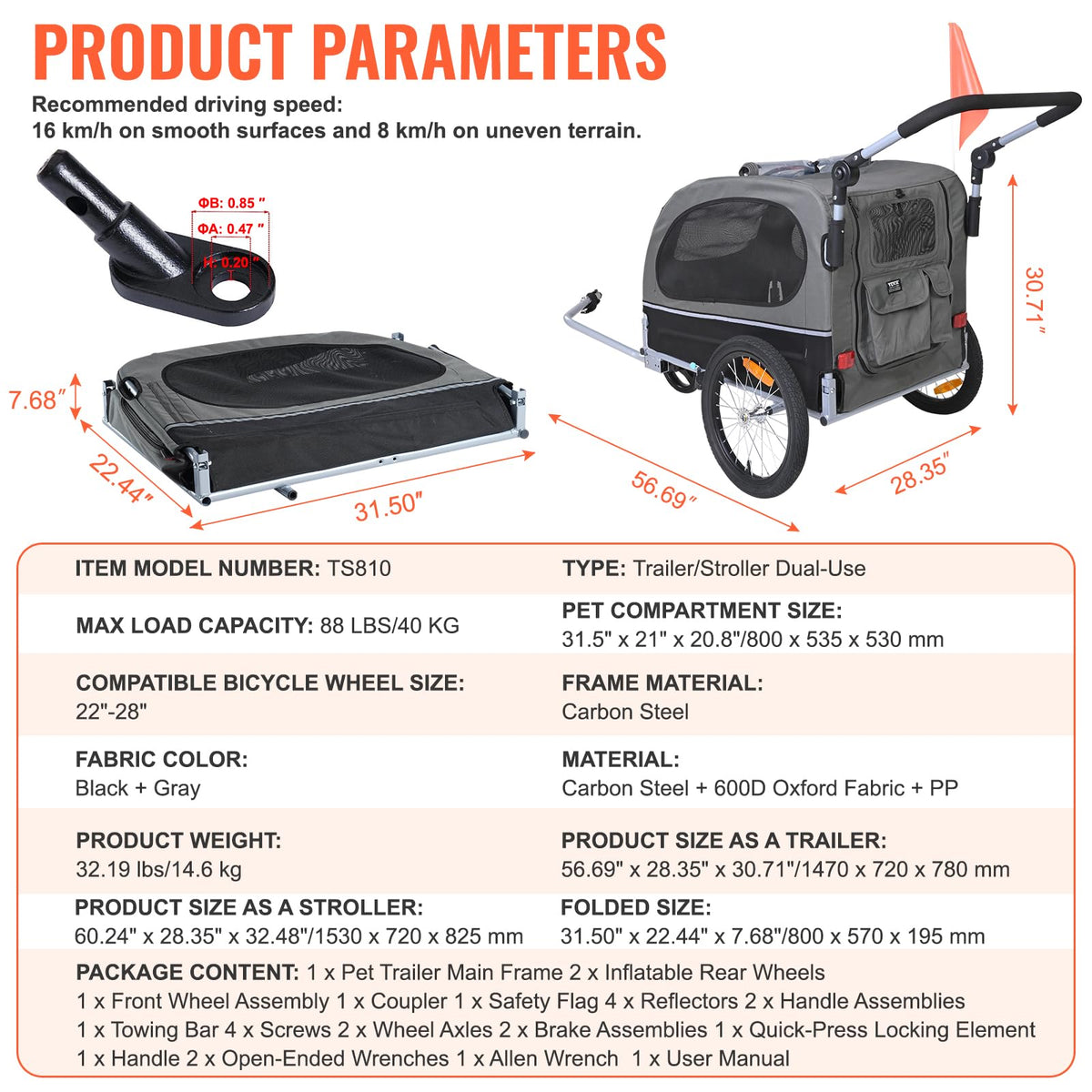 Dog Bike Trailer 2-in-1 Pet Stroller Bicycle Carrier U46473