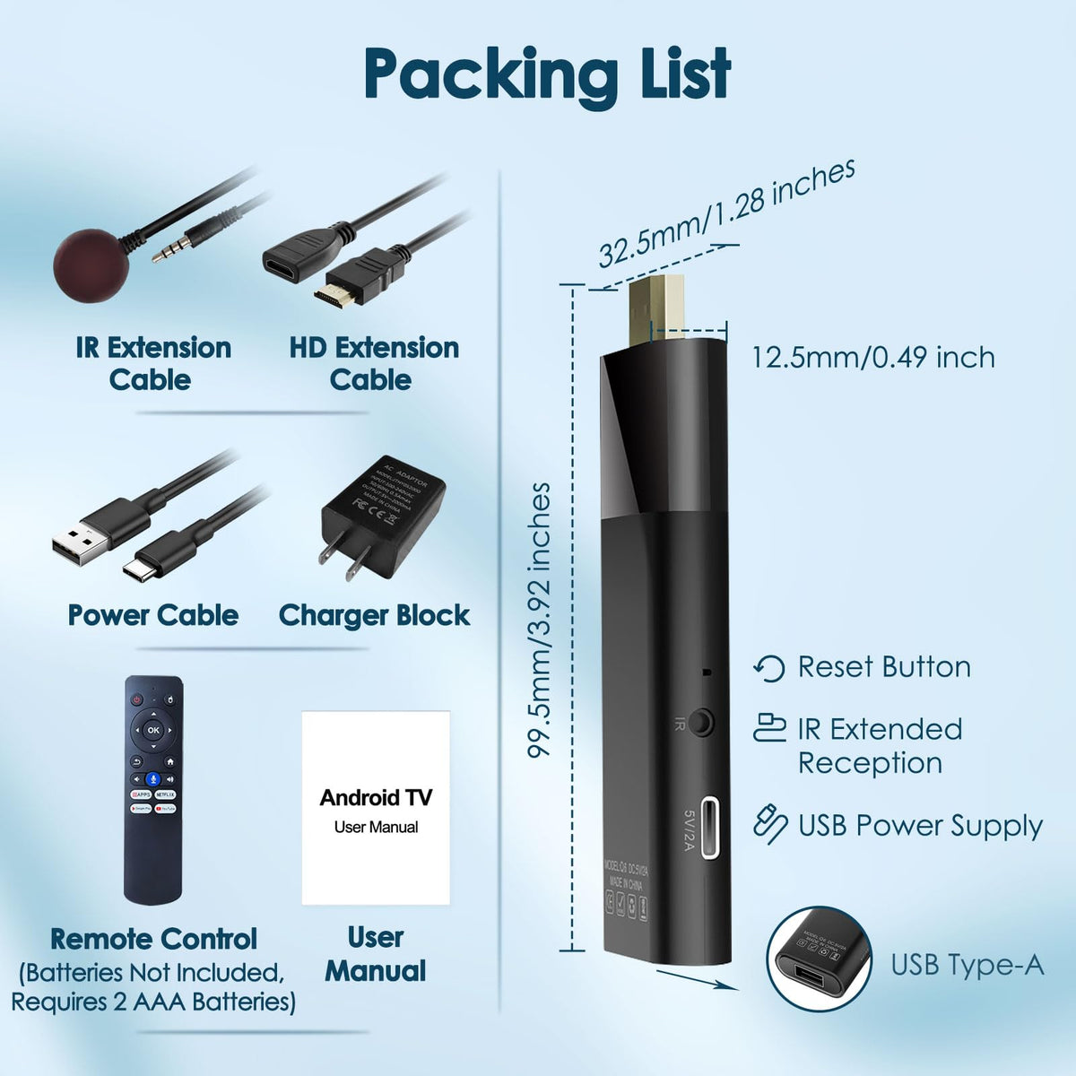 Android TV Stick 4K 2GB RAM 16GB ROM H313 CPU Wi-Fi Bluetooth 5.0 HDR10 Voice Remote Control L599