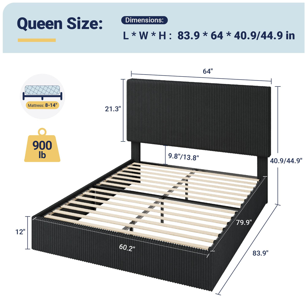 Queen Bed Frame with Adjustable Corduroy Headboard N9488
