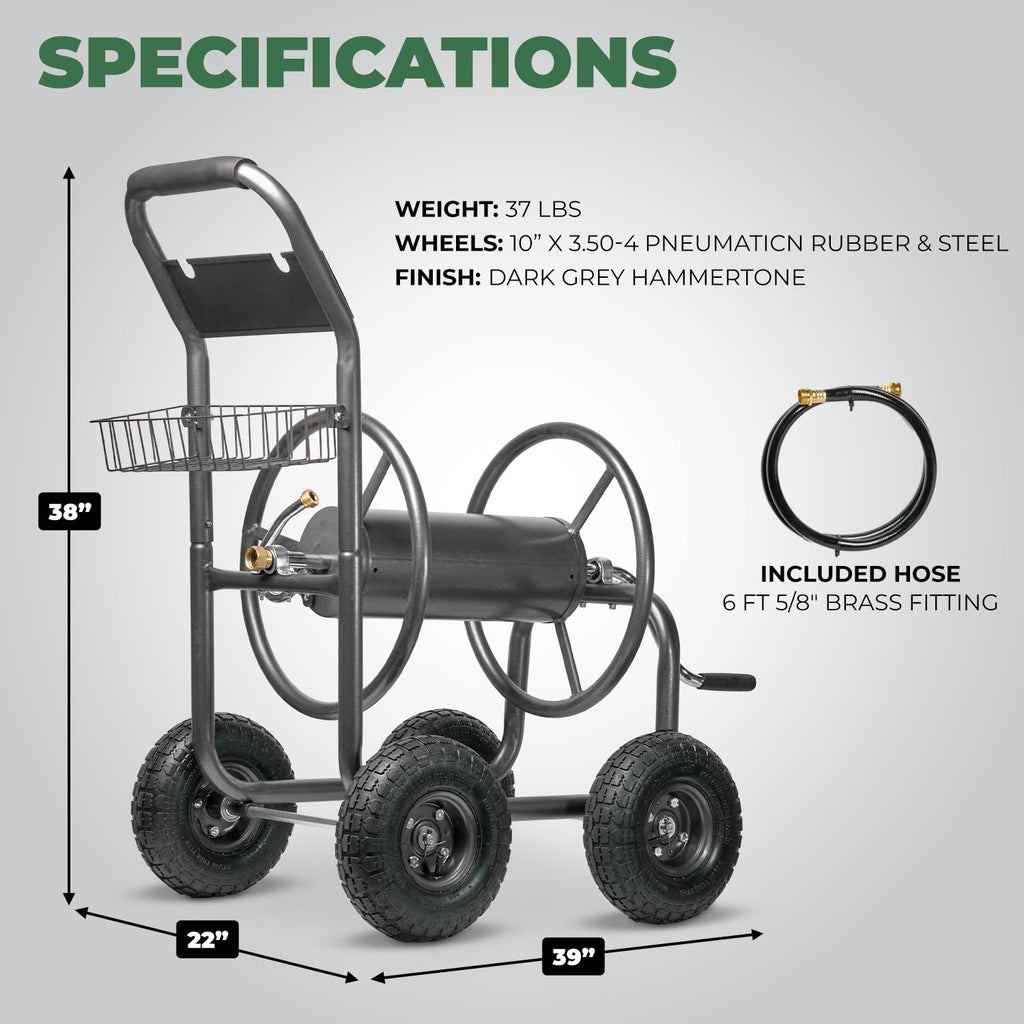 Hose Reel Cart with Wheels, 300-Feet Capacity, Grey O87468