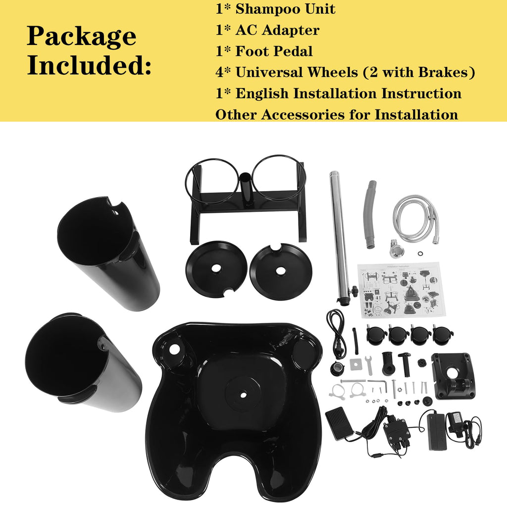 Portable Mobile Shampoo Bowl with Electric Pump, 2 Bucket, Drain Hoses, Height-Adjustable I301348