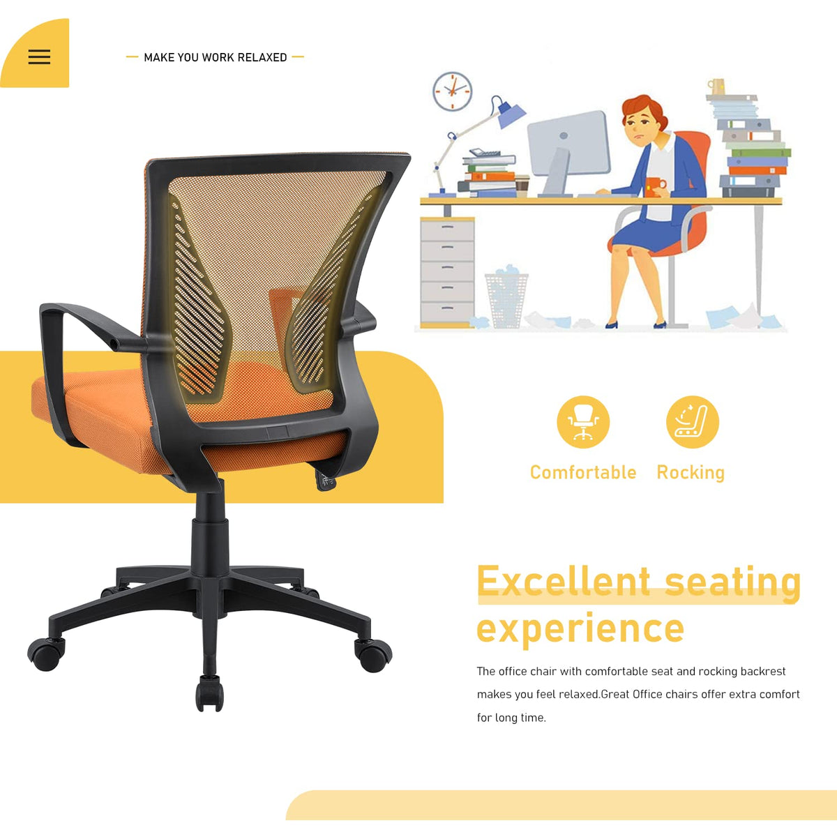 Orange Mid Back Mesh Ergonomic Office Chair with Armrest L1687