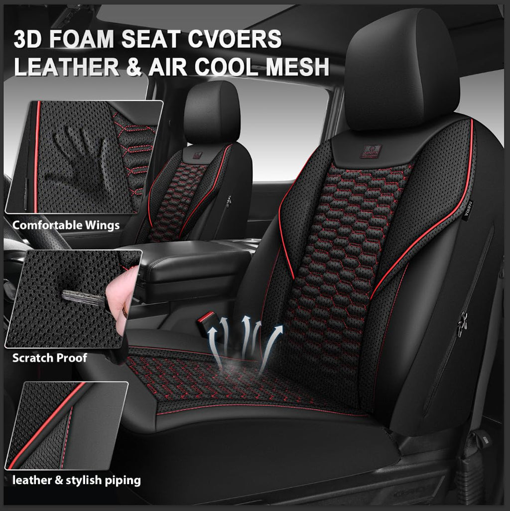 3D Foam Mesh Faux Leather Car Seat Covers Full Set, Black and Red R4671