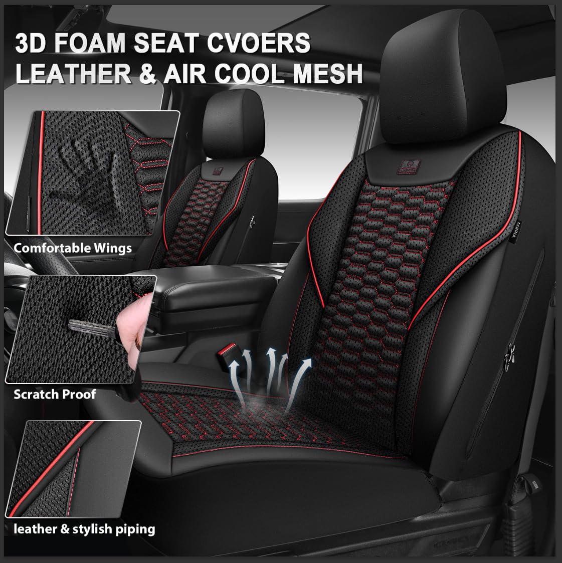 3D Foam Mesh Faux Leather Car Seat Covers Full Set, Black and Red R4671