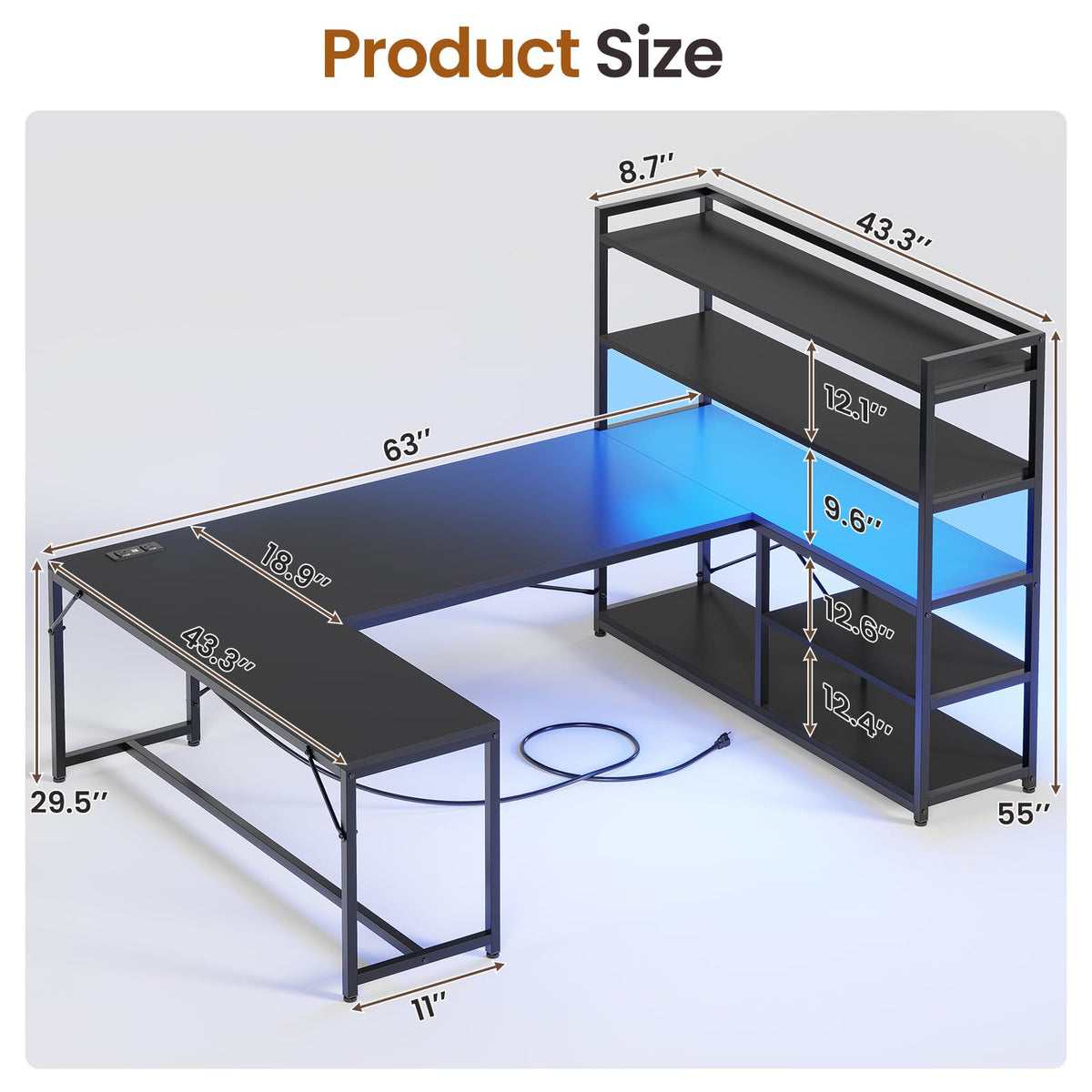 Black L Shaped Gaming Desk with Power Outlet and Storage Shelves N6232