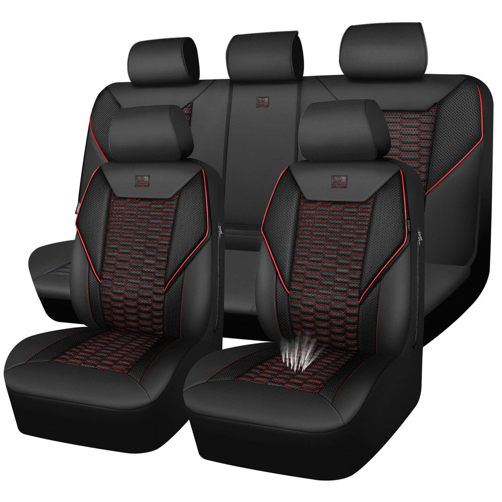 3D Foam Mesh Faux Leather Car Seat Covers Full Set, Black and Red R4671