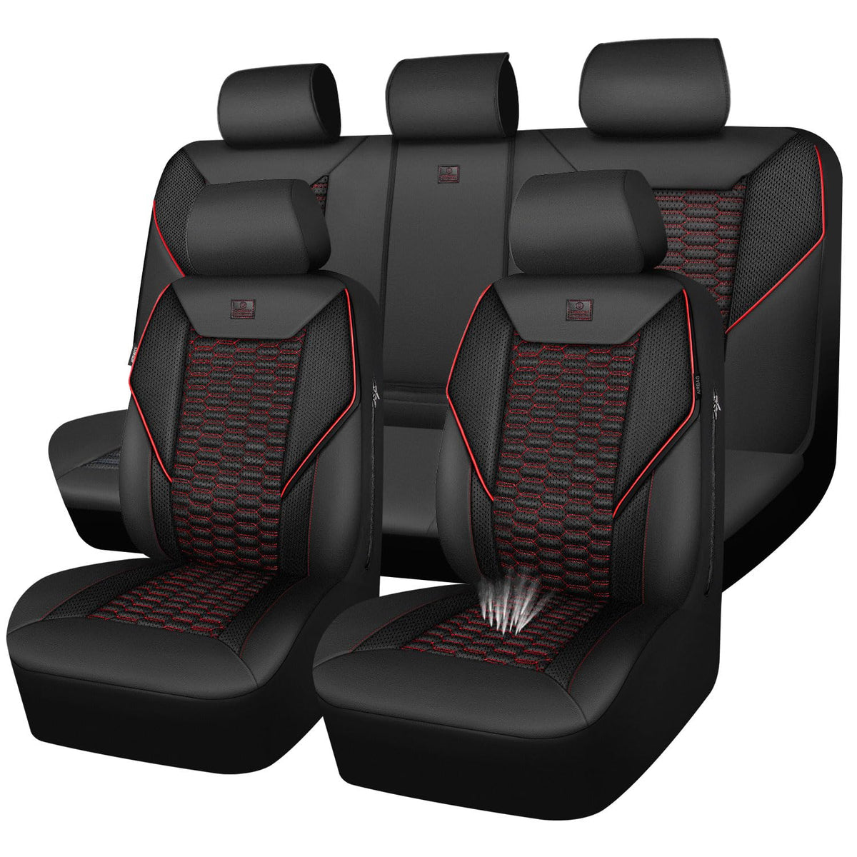 3D Foam Mesh Faux Leather Car Seat Covers Full Set, Black and Red R4671