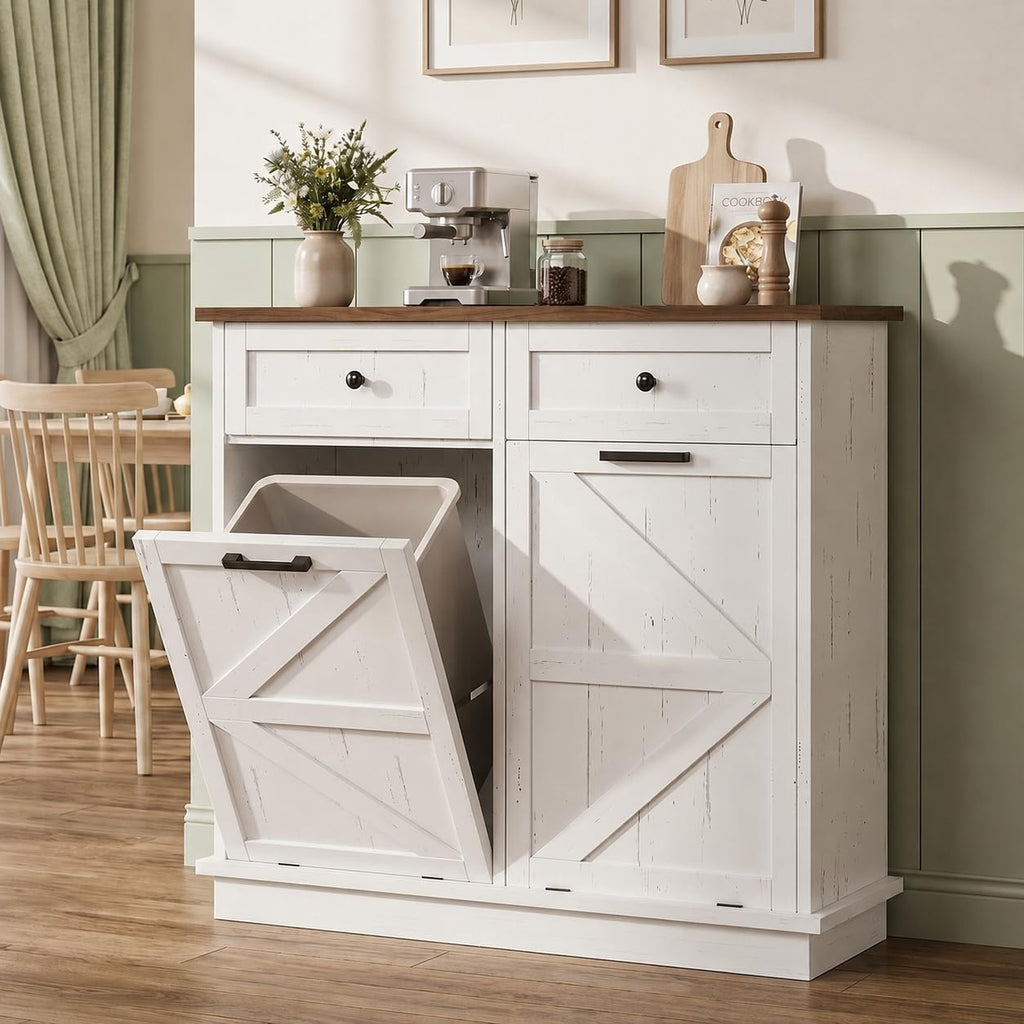 White Double Tilt Out Trash Can Cabinet with 2 Drawers D9201