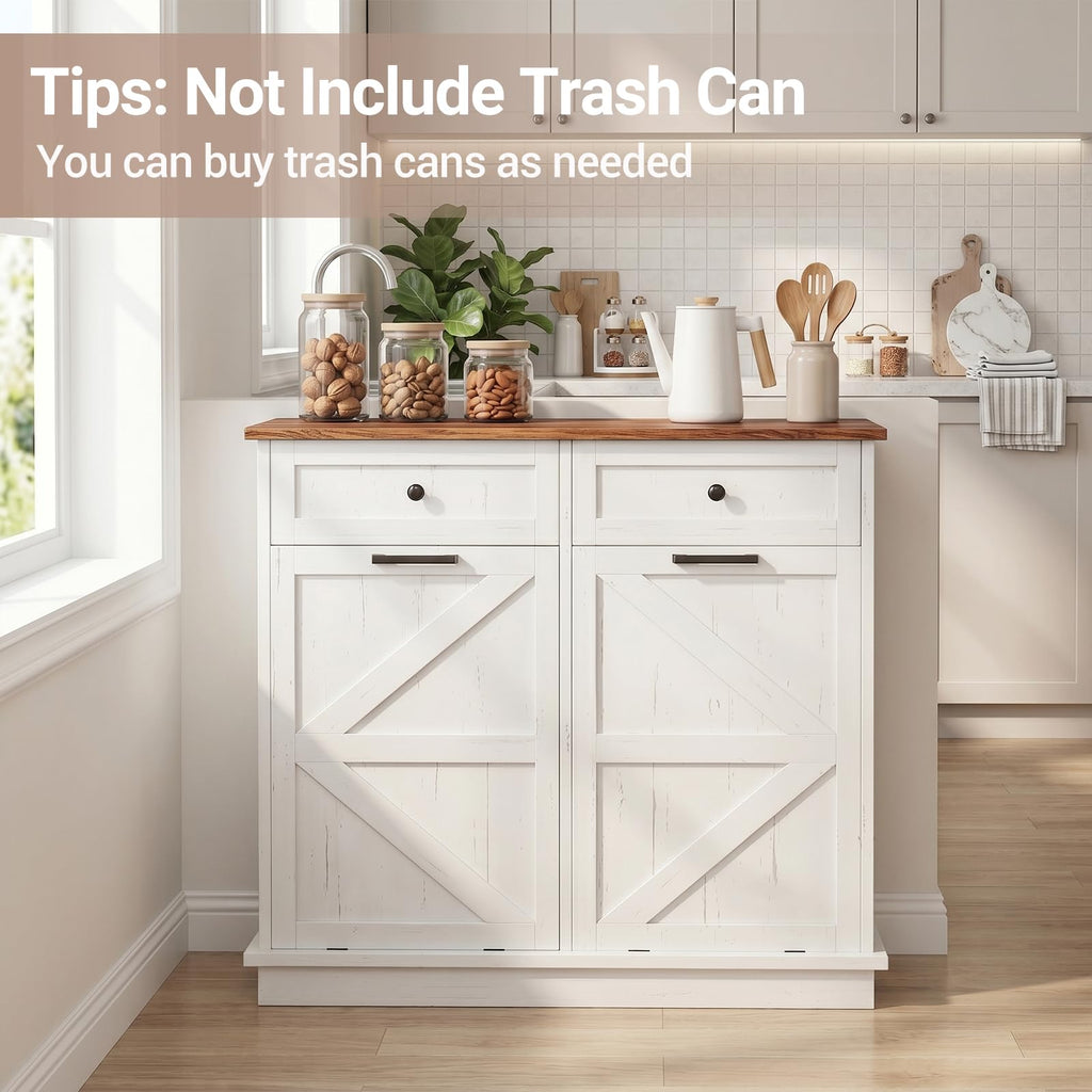 White Double Tilt Out Trash Can Cabinet with 2 Drawers D9201
