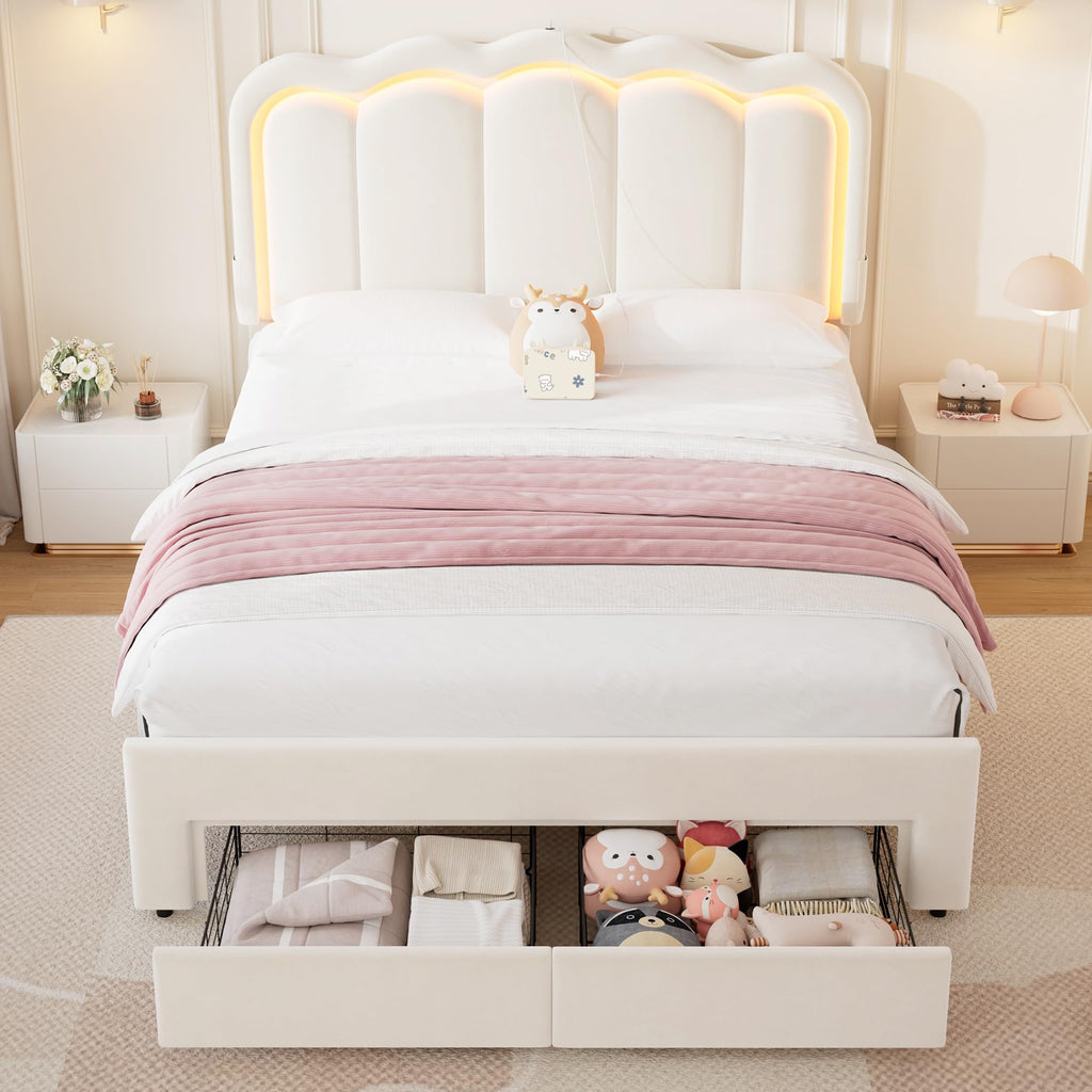 Beige Velvet Upholstered LED Bed Frame with 2 Storage Drawers U293573