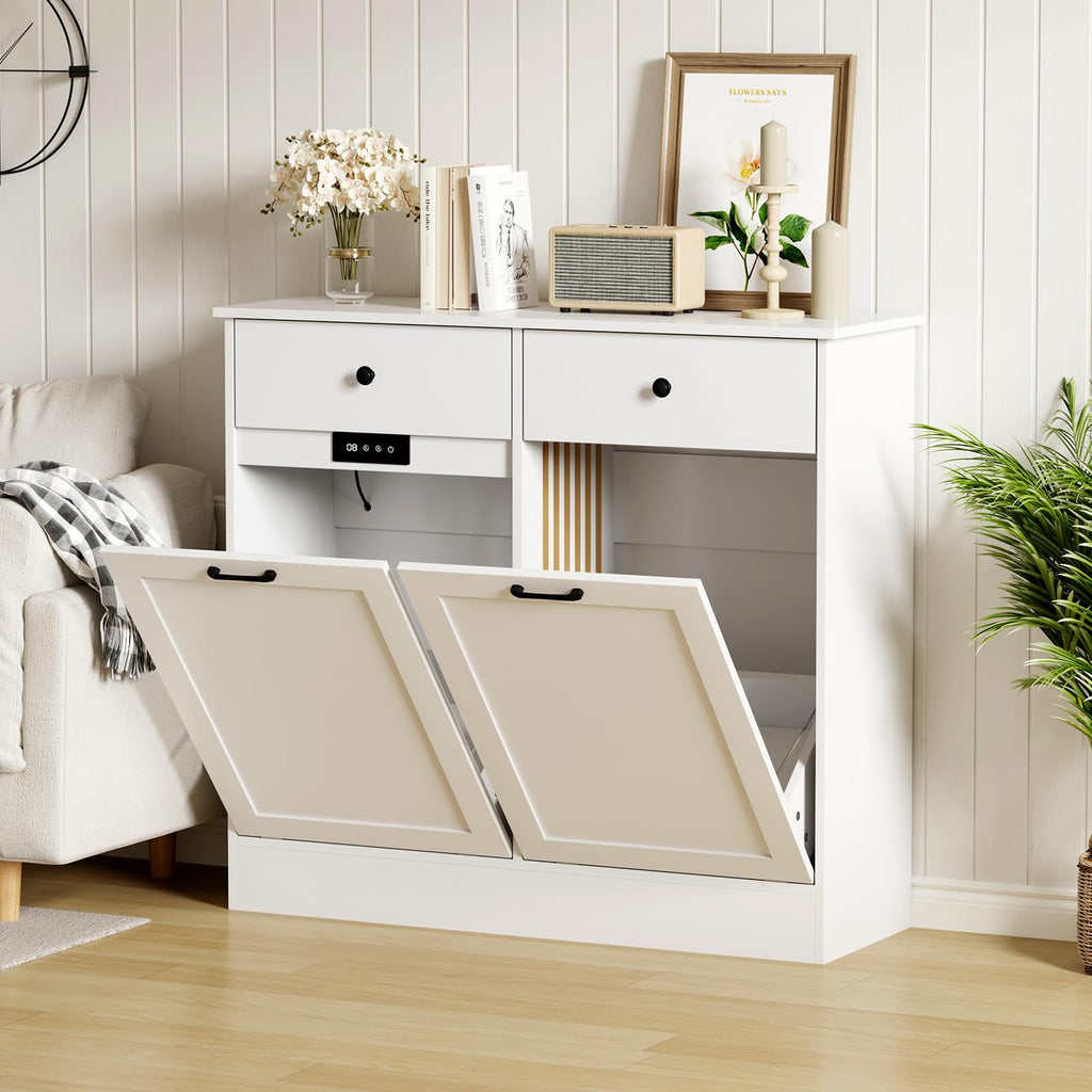 20 Gallon Double Tilt Out Trash Can Cabinet with Hidden Drawers White A461
