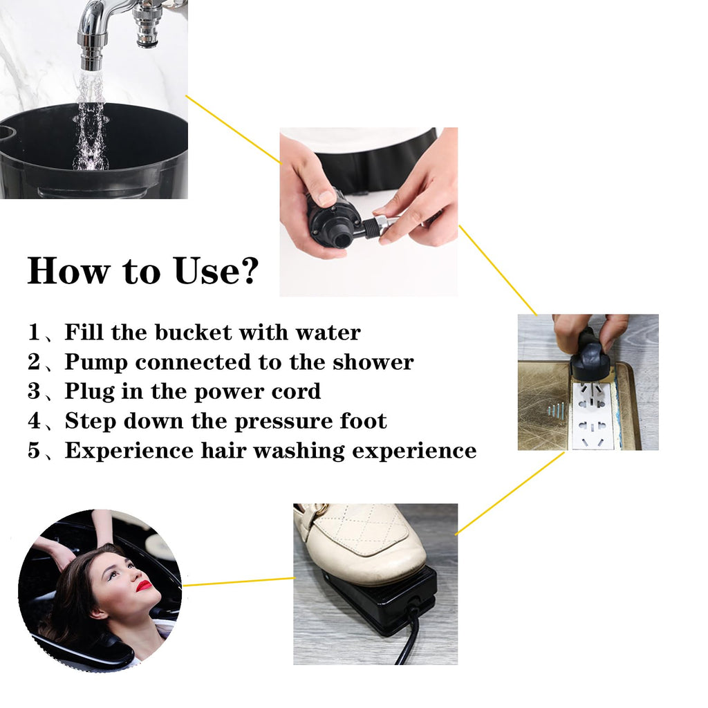 Portable Mobile Shampoo Bowl with Electric Pump, 2 Bucket, Drain Hoses, Height-Adjustable I301348