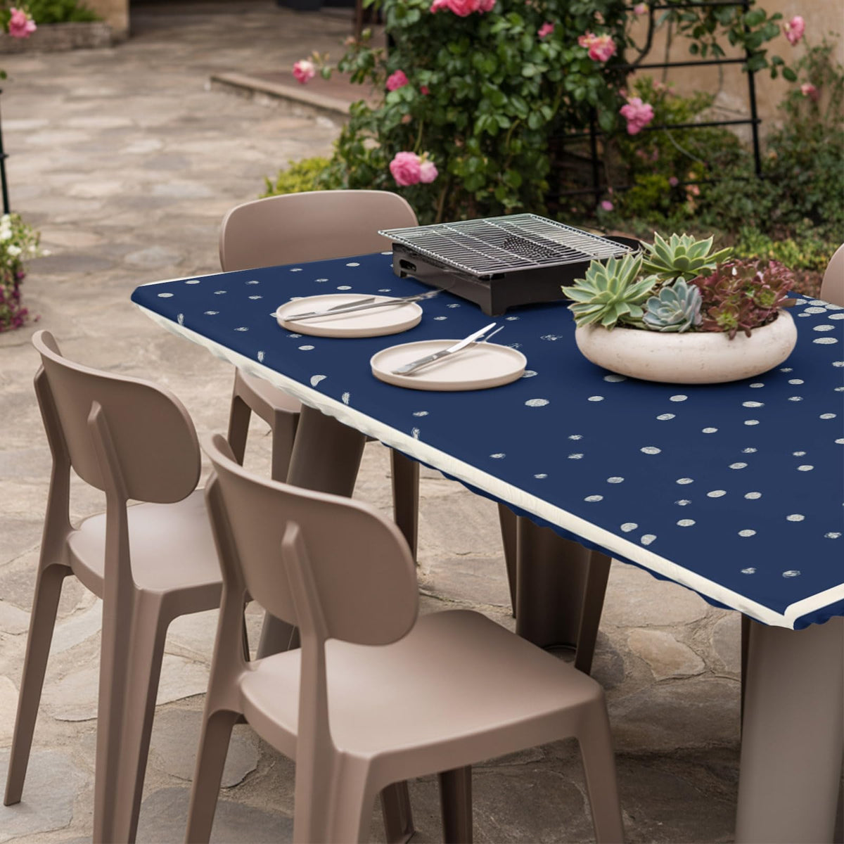 Silver Speckle Fitted Rectangle Tablecloth 32" x 72" Navy Blue Elastic Waterproof Table Cover C708