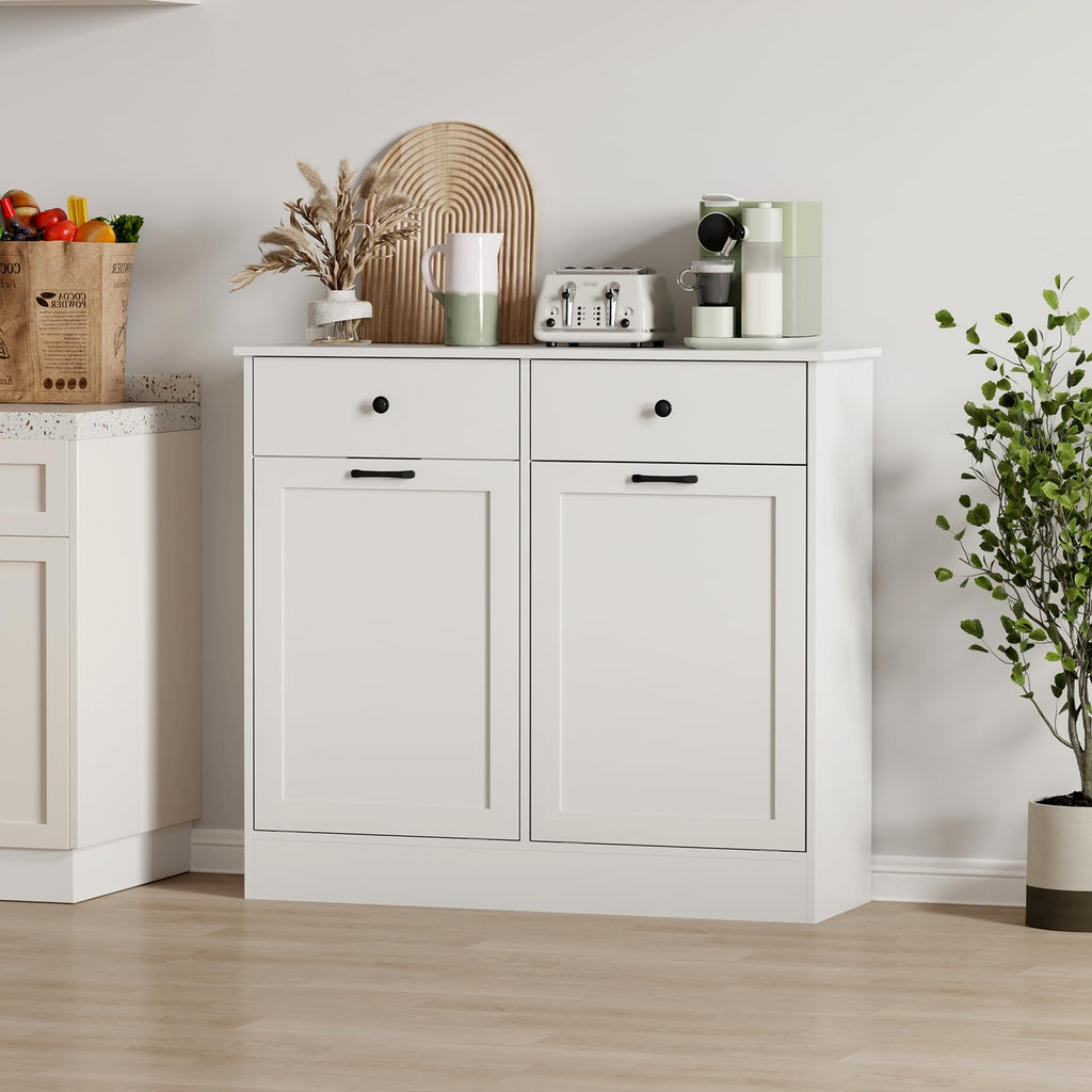 20 Gallon Double Tilt Out Trash Can Cabinet with Hidden Drawers White A461