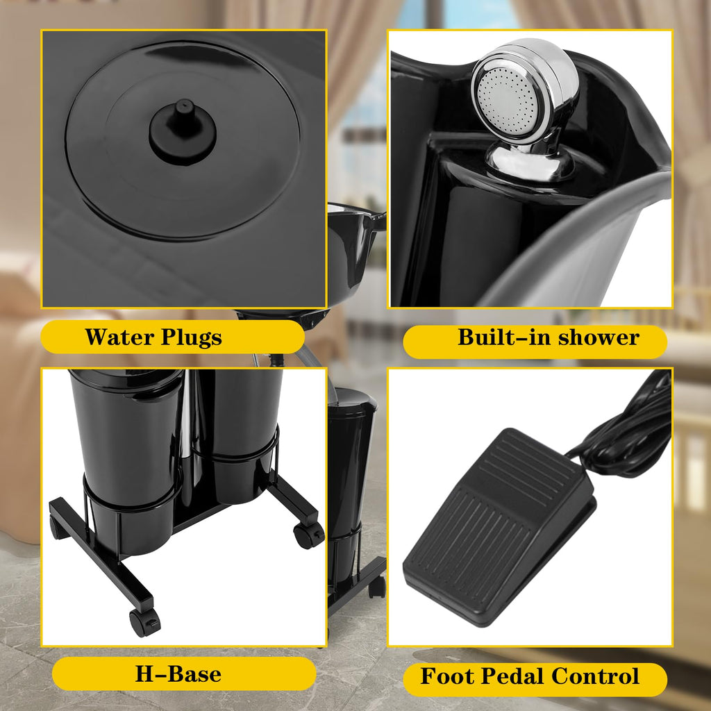 Portable Mobile Shampoo Bowl with Electric Pump, 2 Bucket, Drain Hoses, Height-Adjustable I301348