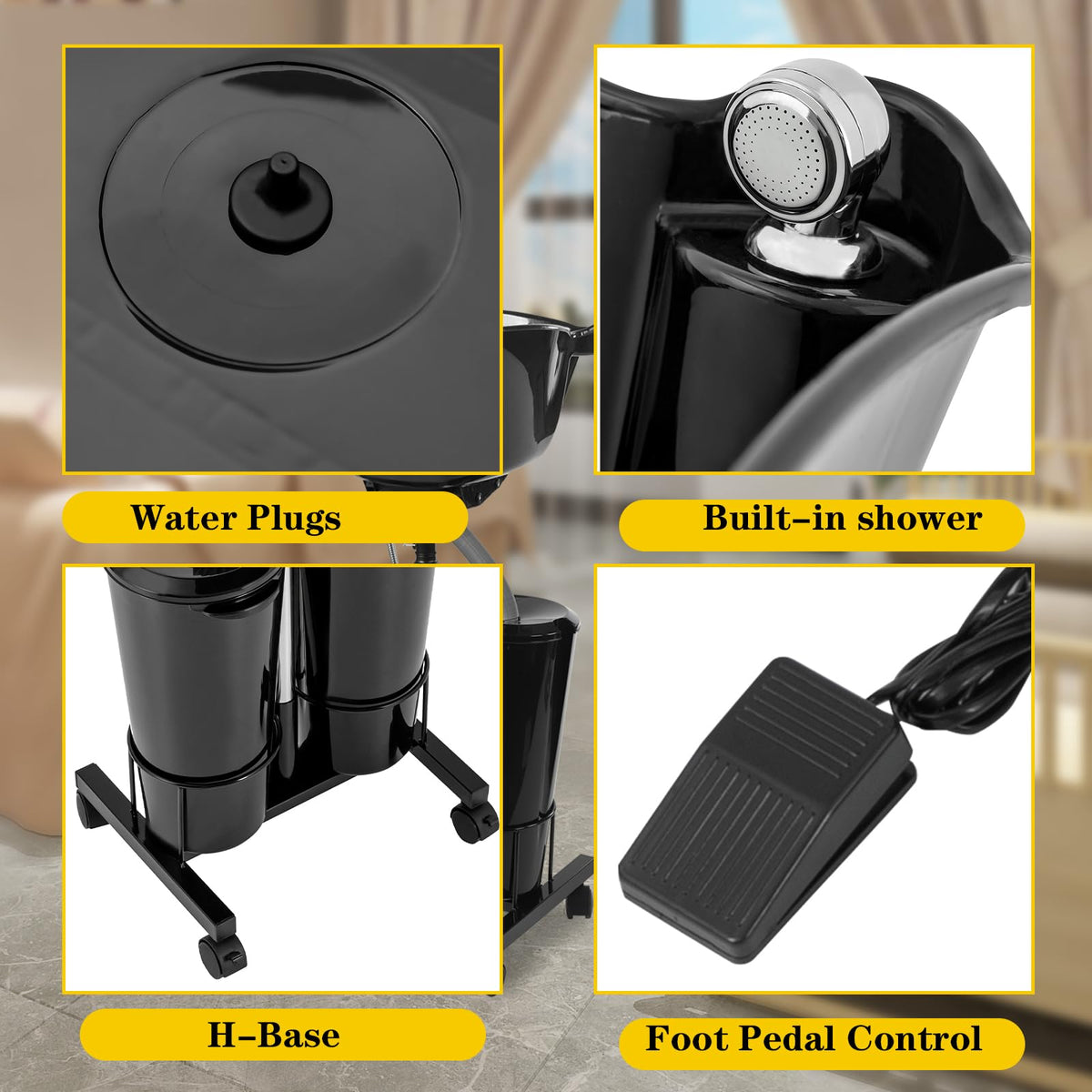 Portable Mobile Shampoo Bowl with Electric Pump, 2 Bucket, Drain Hoses, Height-Adjustable I301348