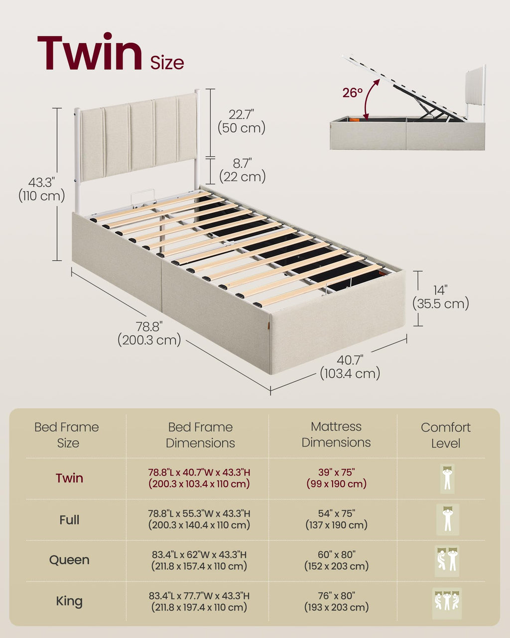 Twin Size Upholstered Lift Up Storage Bed Frame F7610