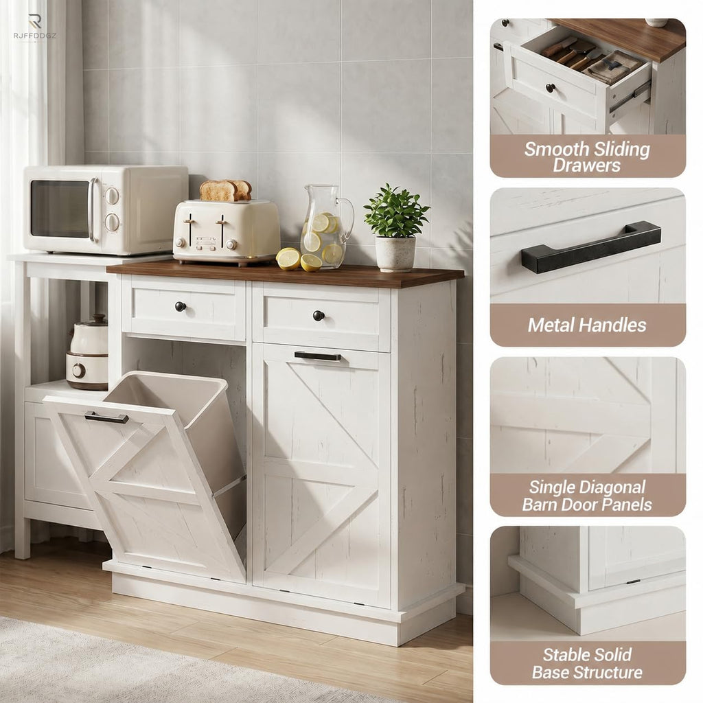 White Double Tilt Out Trash Can Cabinet with 2 Drawers D9201