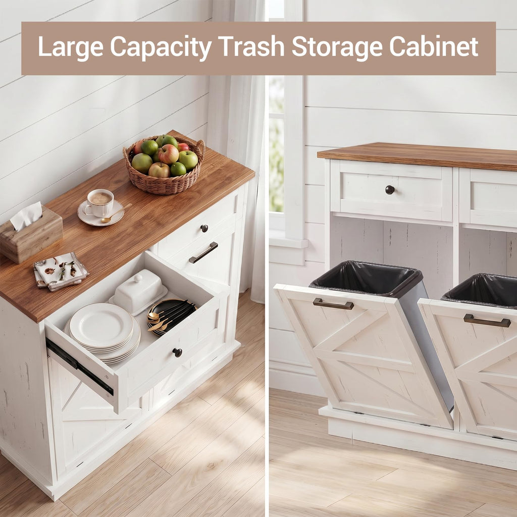 White Double Tilt Out Trash Can Cabinet with 2 Drawers D9201