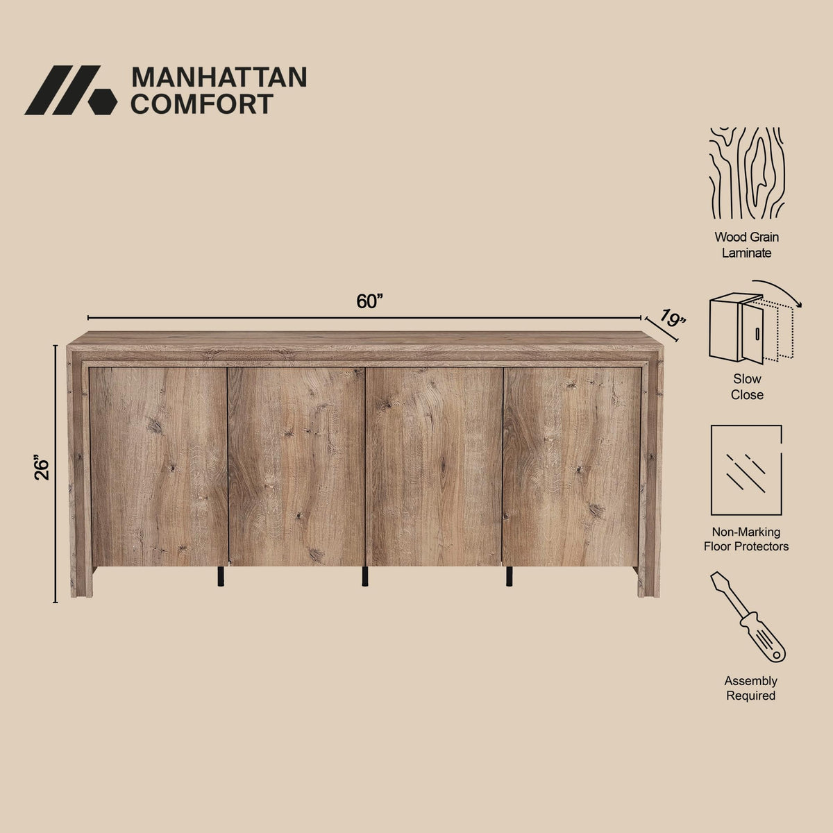 Brown 4-Door Wood Grain Sideboard W2925