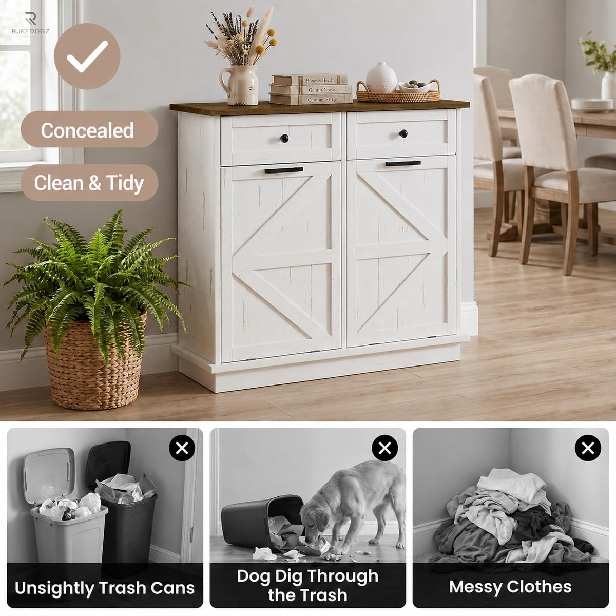 White Double Tilt Out Trash Can Cabinet with 2 Drawers D9201