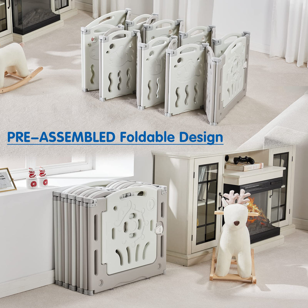 18 Panel Grey White Foldable Kids Playpen Safety Lock Gate Y5329