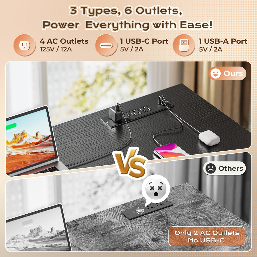 63 Inch L Shaped Desk with Power Outlets and USB-C Port, Black T524823