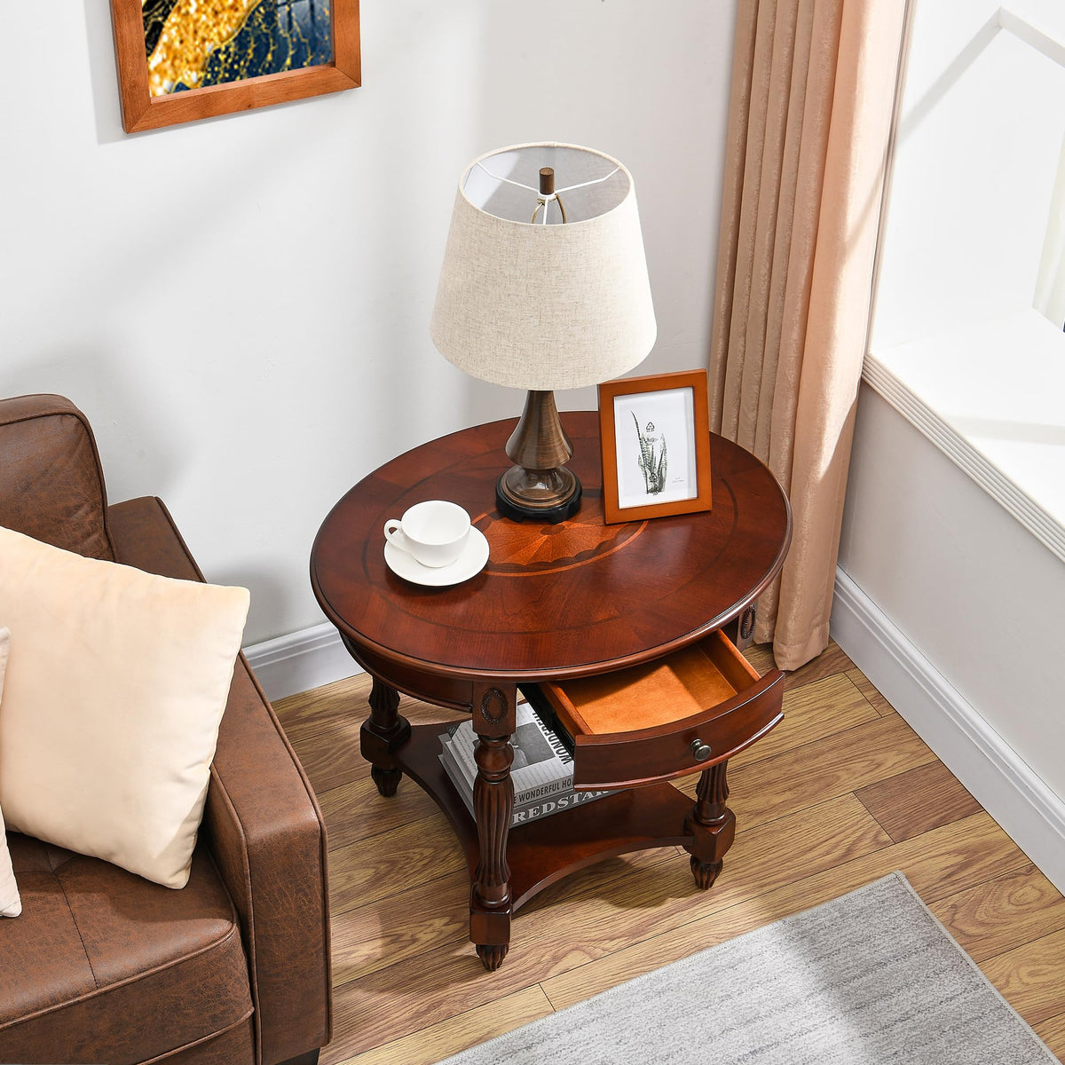 2-Tier Cherry Wood End Table with Drawer Y64815