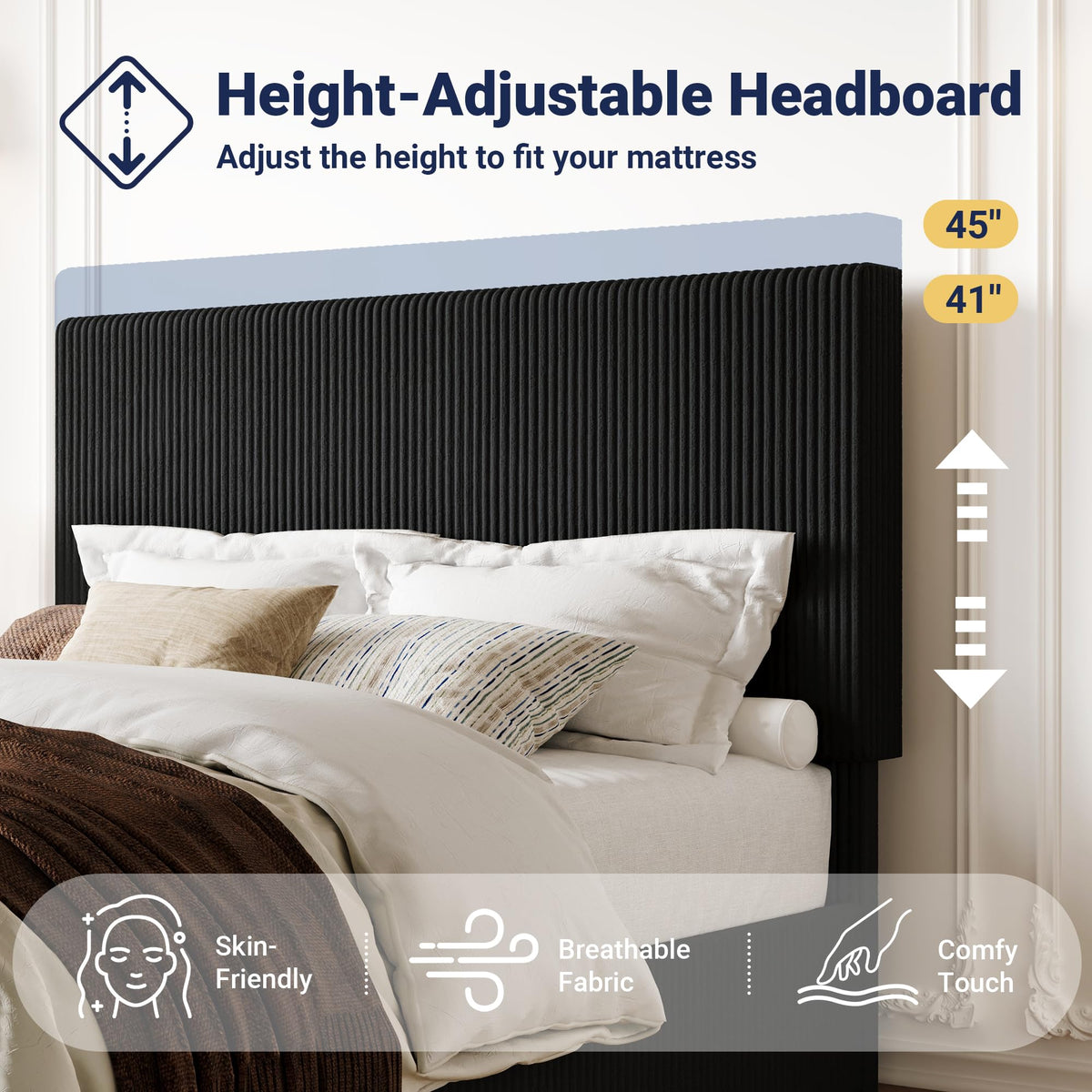Queen Bed Frame with Adjustable Corduroy Headboard N9488