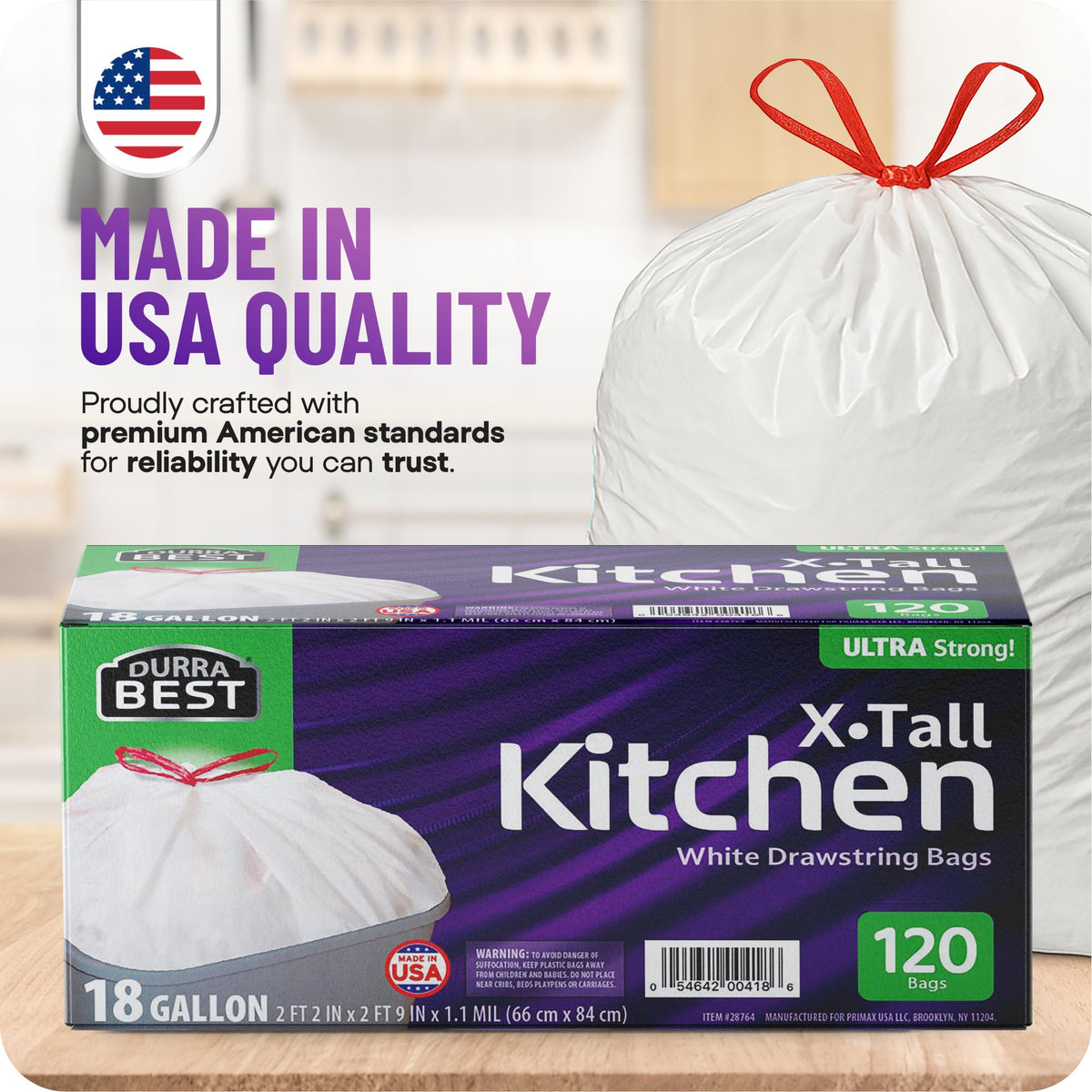 120 Count 18 Gallon White Heavy-Duty Drawstring Trash Bags F2608