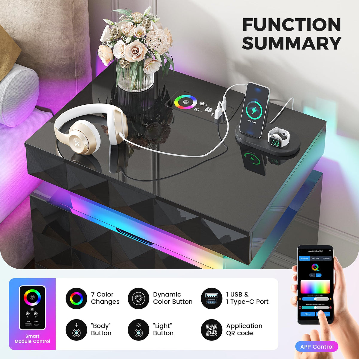 LED Night Stand with Charging Station M7811
