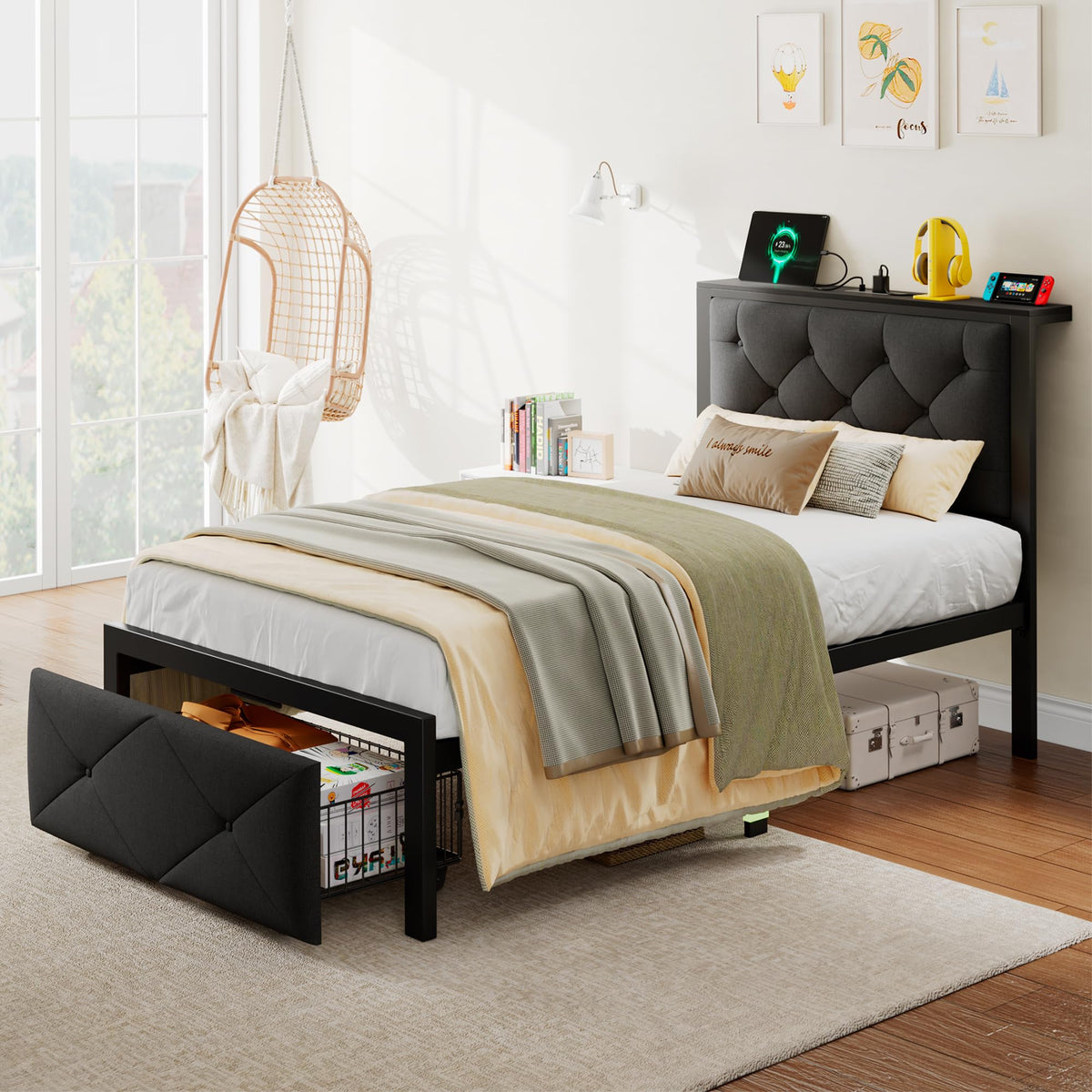 Black Twin Bed Frame with Storage Drawers T913915