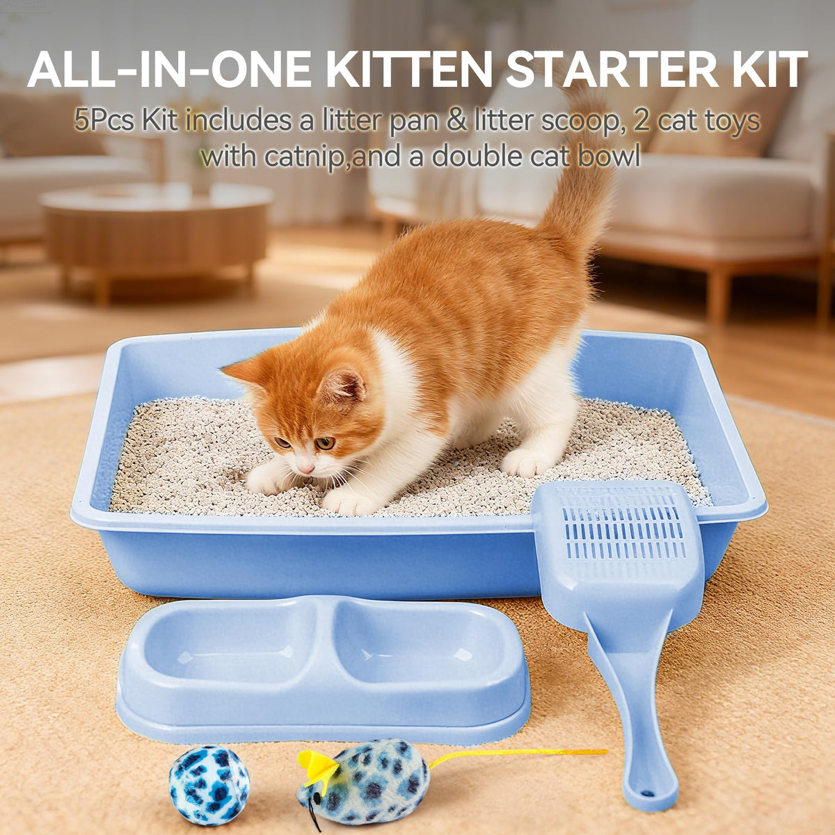 Cat Litter Box Set with Litter Scoop, Double Dish Cat Bowl, Mouse and Ball Toy W80809