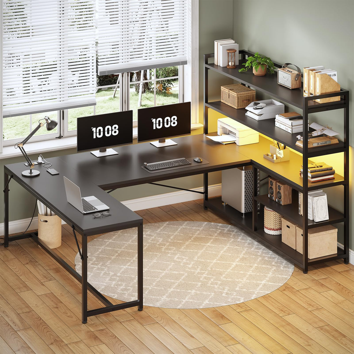 Black L Shaped Gaming Desk with Power Outlet and Storage Shelves N6232