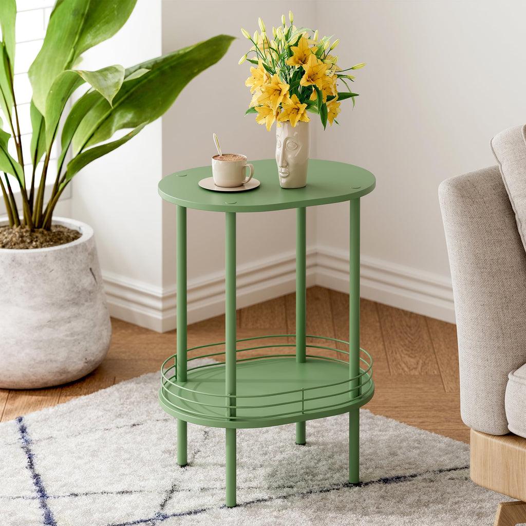 Oval Side Table with Storage, 2-Tier Green End Table O90441