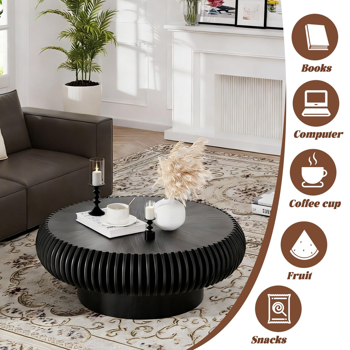 Black Round Fluted Drum Coffee Table N637