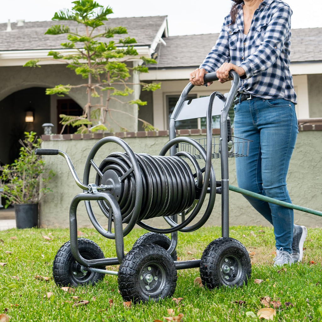 Hose Reel Cart with Wheels, 300-Feet Capacity, Grey O87468