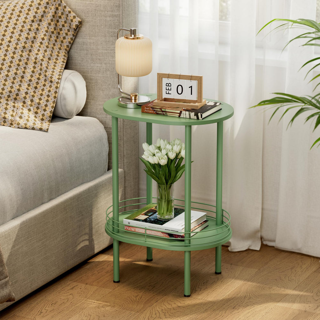 Oval Side Table with Storage, 2-Tier Green End Table O90441