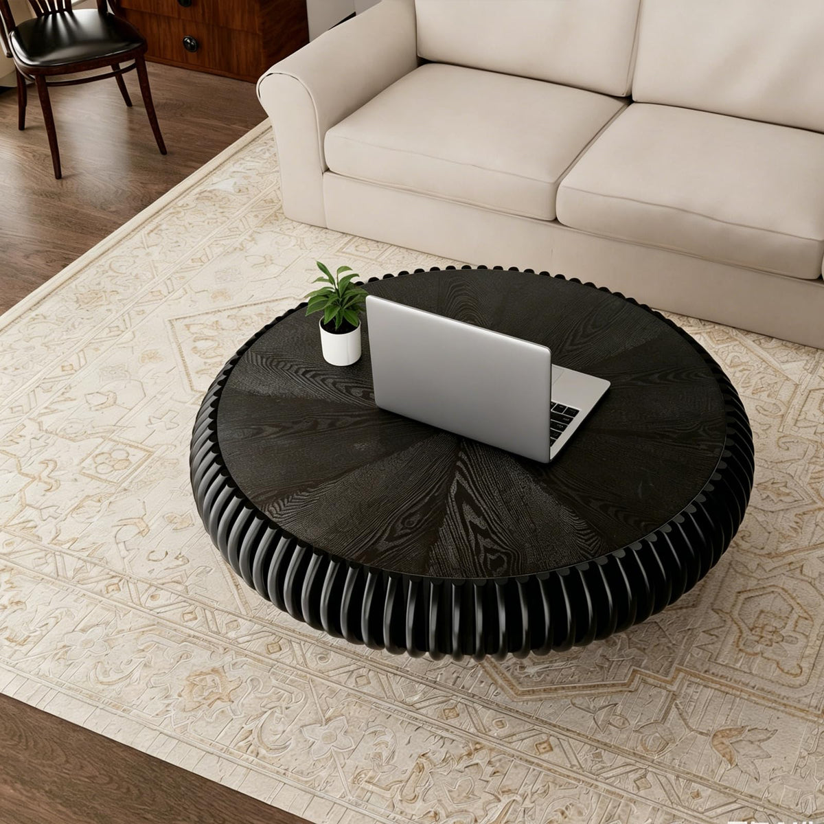 Black Round Fluted Drum Coffee Table N637