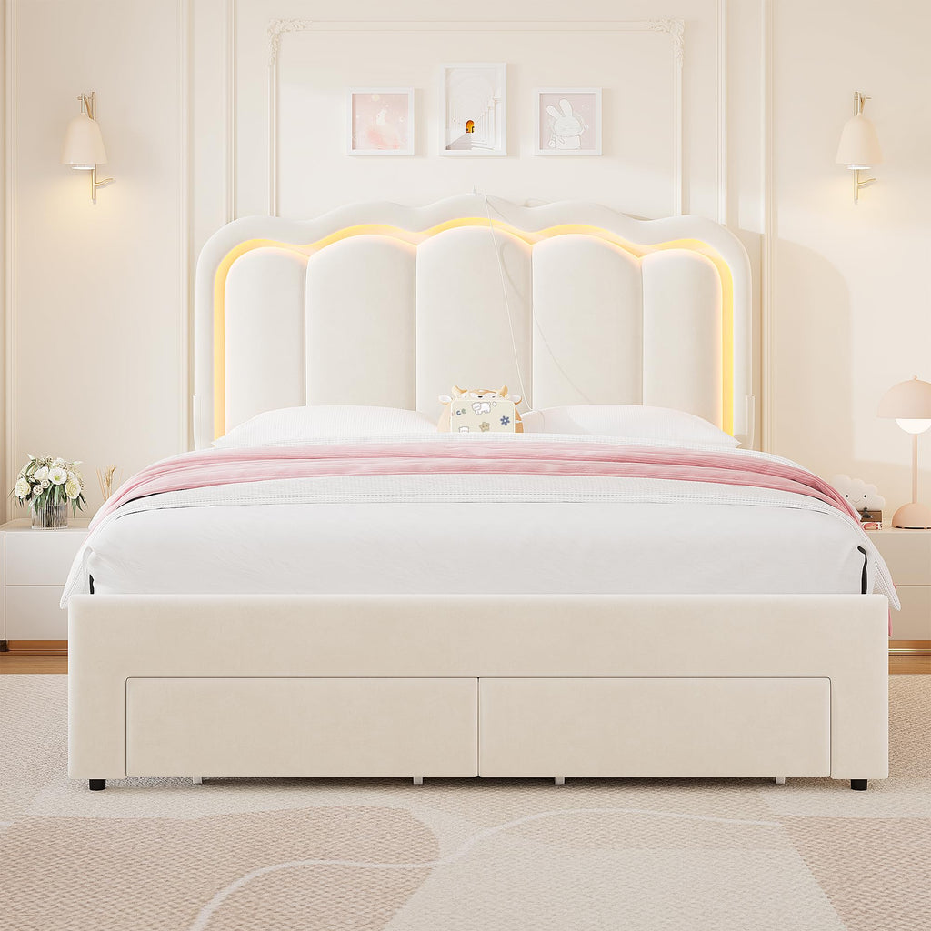 Beige Velvet Upholstered LED Bed Frame with 2 Storage Drawers U293573