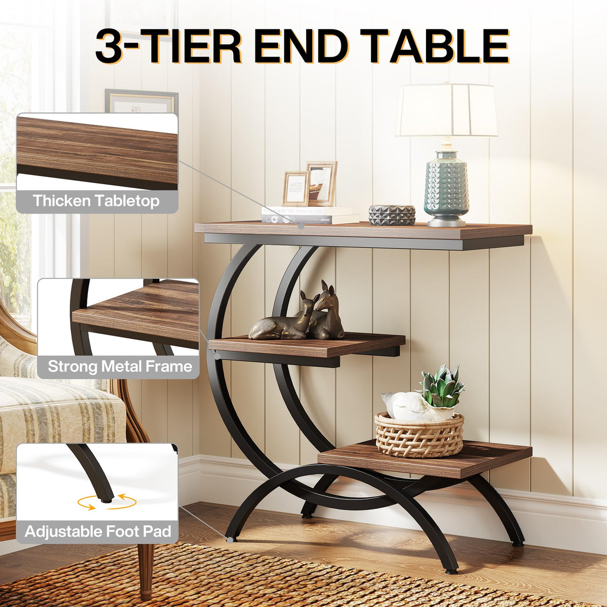 C-Shaped 3-Tier End Table with Curved Metal Frame B606251