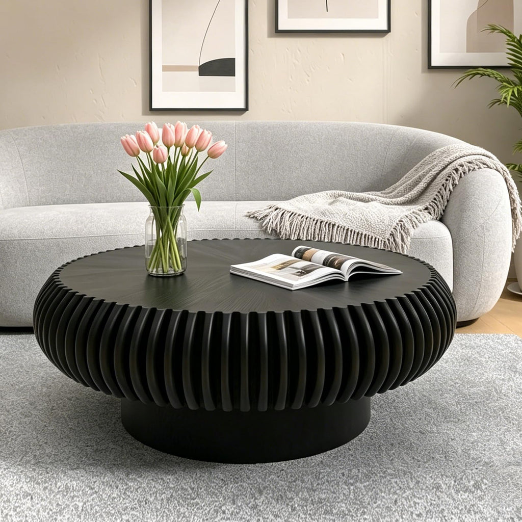 Black Round Fluted Drum Coffee Table N637