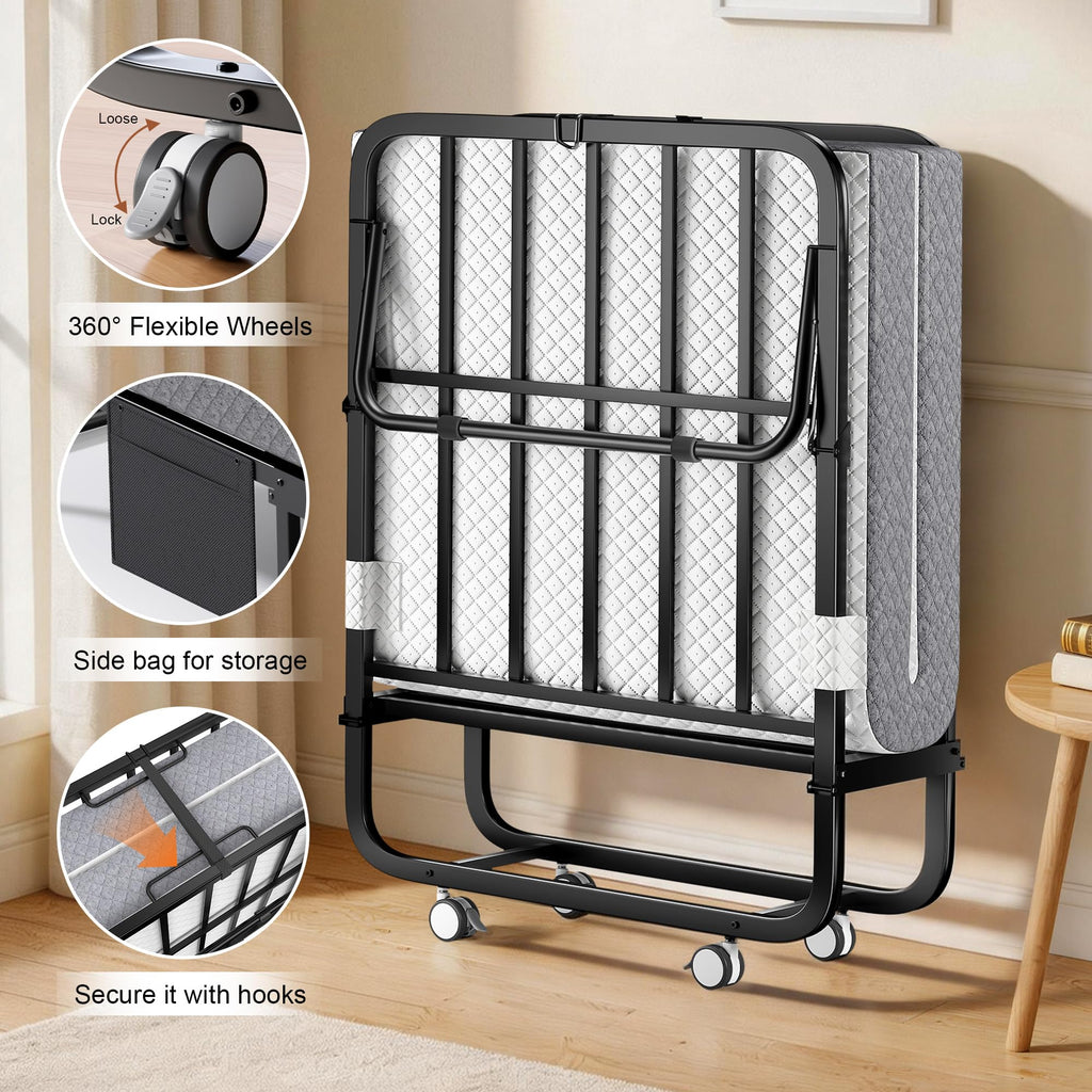 Folding Bed with Memory Foam Mattress Twin Size Metal Frame White G86224